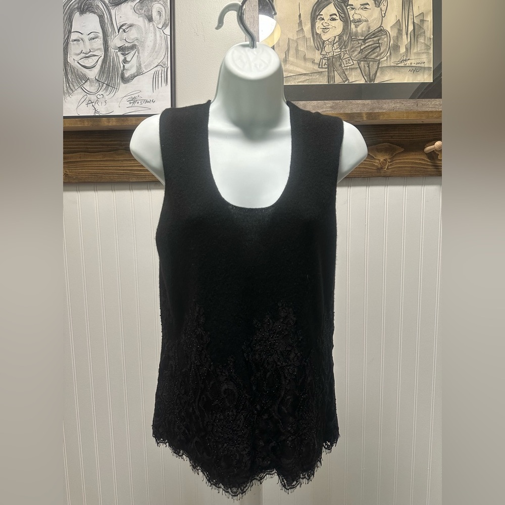 Ann Taylor Black Cashmere Beaded Women's vneck sleeveless sweater sz small